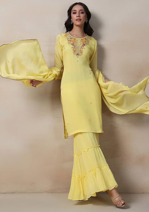 Yellow Sharara Set With Sequin Bead Embellished Kurta And Dupatta