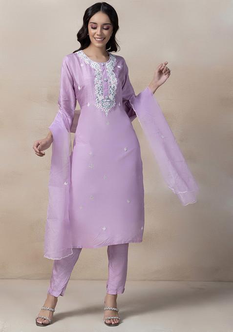 Lilac Bead Embellished Kurta Set With Pants And Organza Dupatta