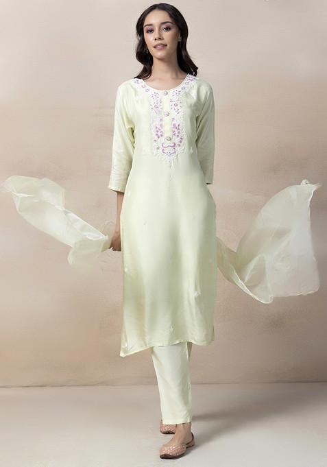 Light Green Bead Embellished Kurta Set With Pants And Organza Dupatta