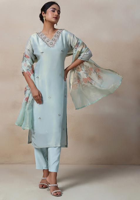 Sea Blue Floral Sequin Embellished Kurta Set With Pants And Printed Dupatta