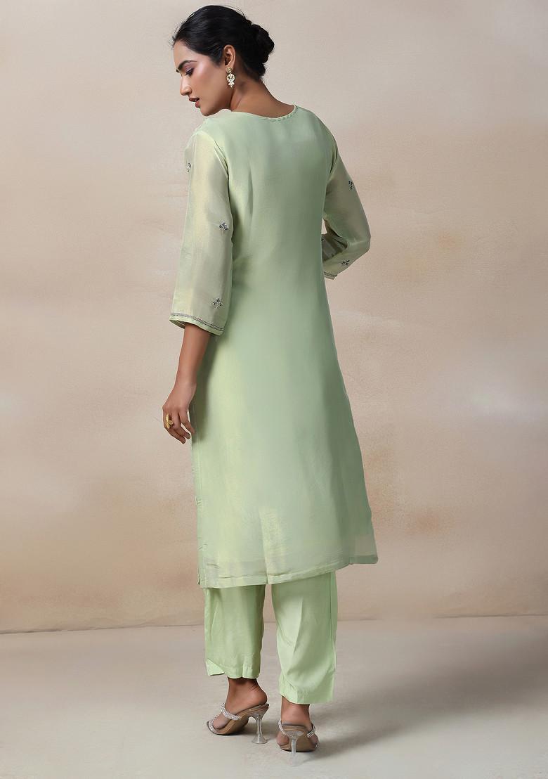 Lime Green Floral Sequin Embellished Kurta Set With Pants And Dupatta - Indya