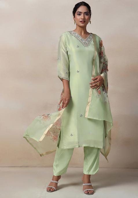 Lime Green Floral Sequin Embellished Kurta Set With Pants And Dupatta