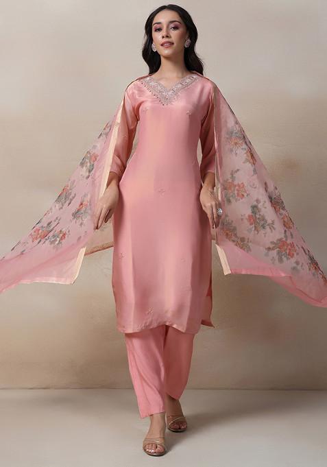 Pink Sequin Embellished Kurta Set With Pants And Organza Printed Dupatta