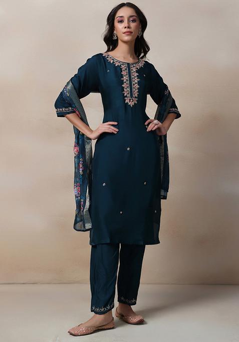 Teal Sequin Embellished Kurta Set With Pants And Organza Printed Dupatta