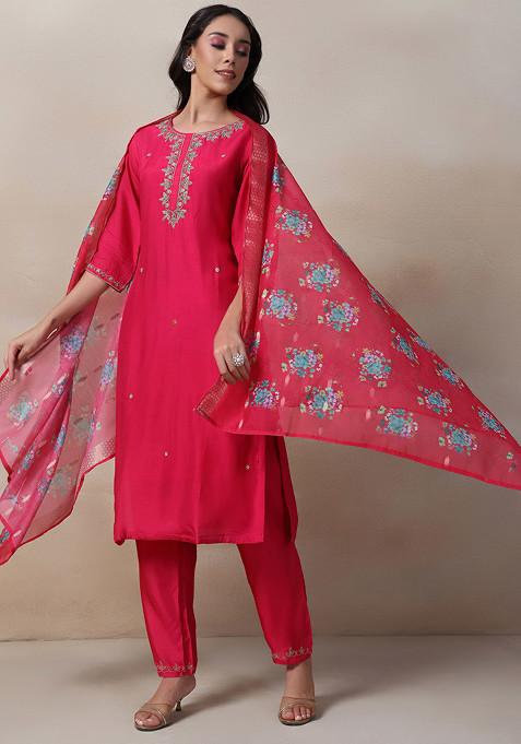 Rani Pink Bead Embellished Kurta Set With Pants And Organza Printed Dupatta