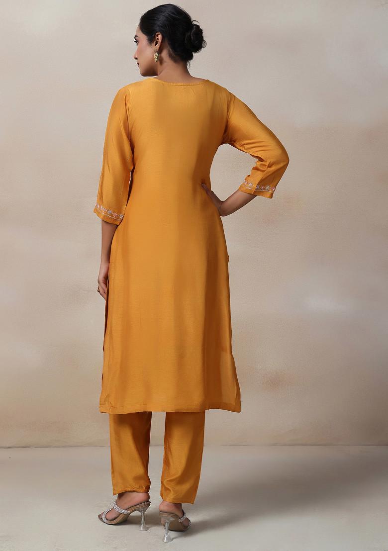 Mustard Bead Embellished Kurta Set With Pants And Organza Printed Dupatta - Indya