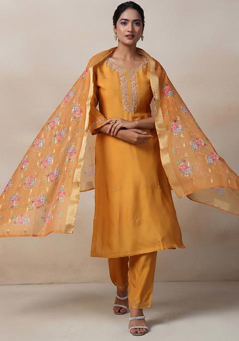 Mustard Bead Embellished Kurta Set With Pants And Organza Printed Dupatta