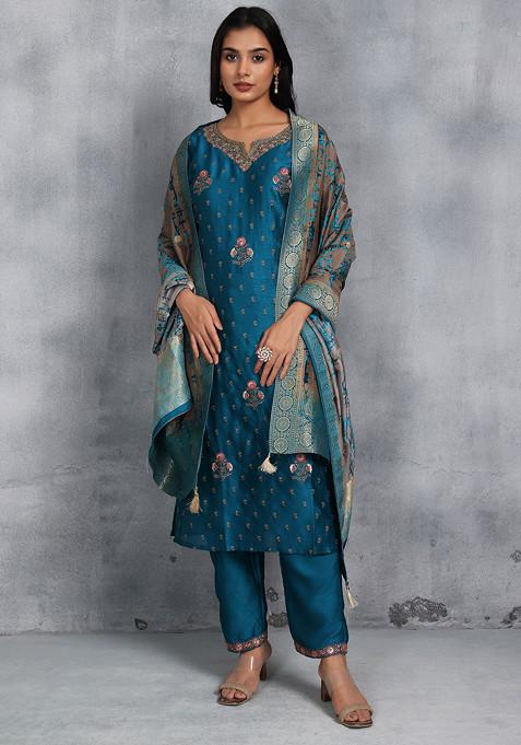 Teal Green Zari Floral Embroidered Kurta Set With Pants And Printed Dupatta