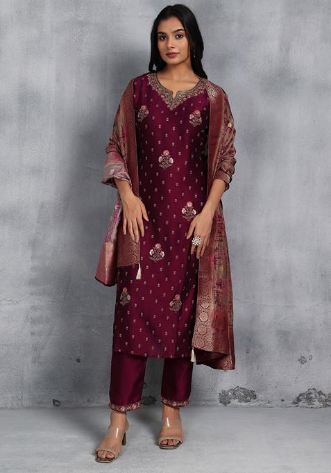 Purple Cutdana Zari Floral Embroidered Kurta Set With Pants And Printed Dupatta