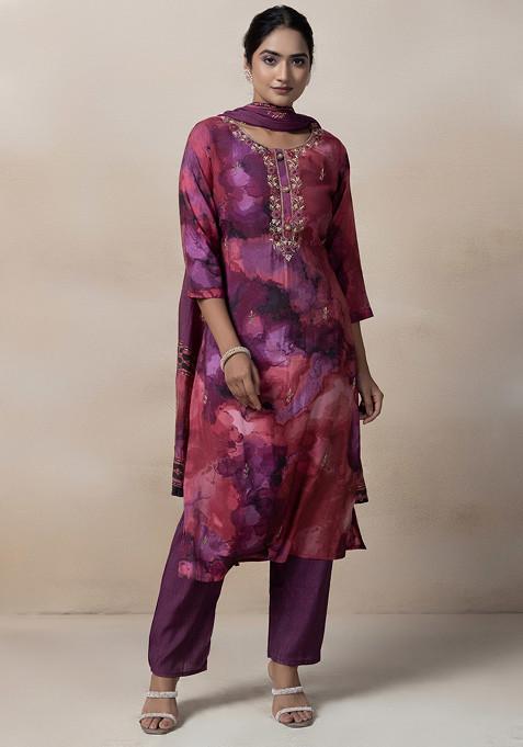 Purple Printed Cutdana Embellished Kurta Set With Pants And Dupatta