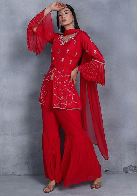 Buy Women Rani Pink Sharara Set With Sequin Embellished Kurta And ...