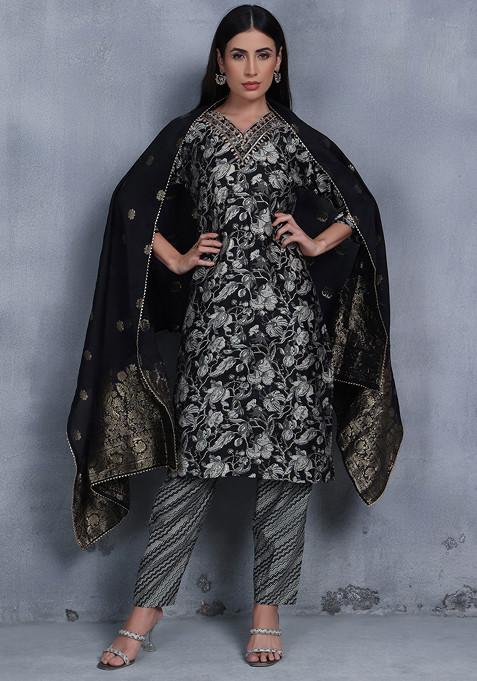 Black Floral Print Kurta Set With Printed Pants With Dupatta