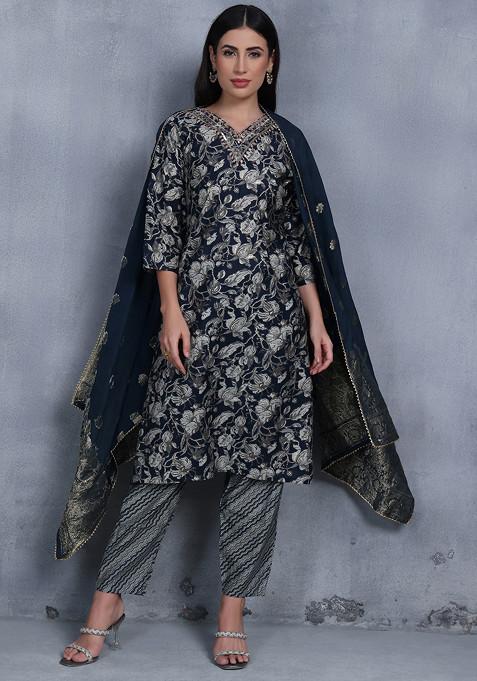 Blue Floral Print Kurta Set With Printed Pants With Dupatta