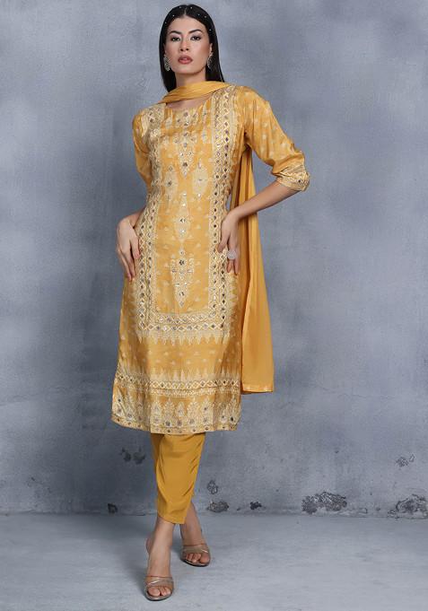 Yellow Floral Sequin Embellished Kurta Set With Pants And Dupatta