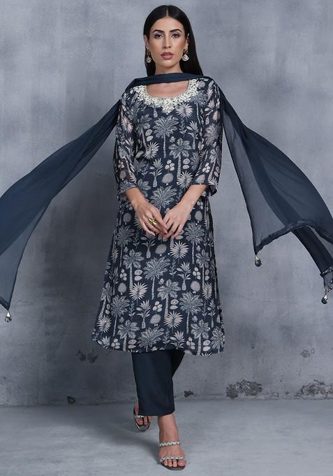 Grey Floral Print Kurta Set With Pants And Dupatta