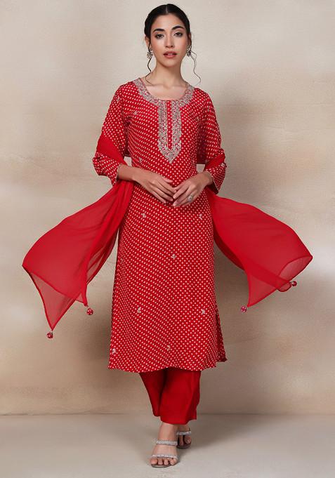 Red Printed Cutdana Embellished Kurta Set With Pants And Dupatta