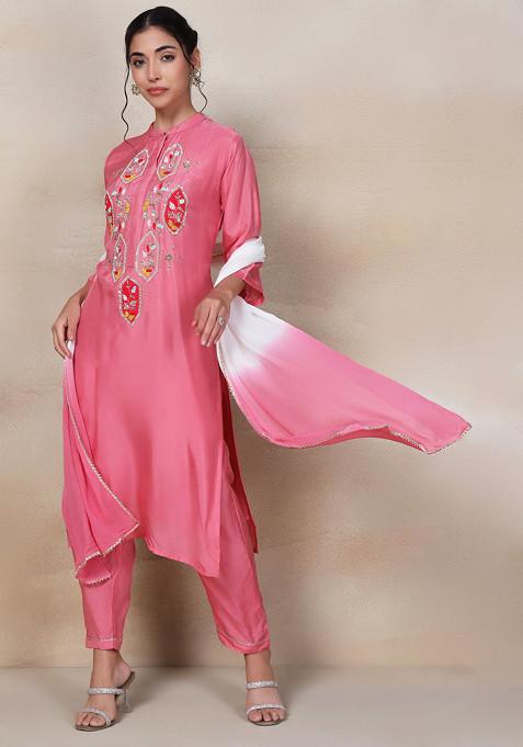 Pink Bead Embellished Kurta Set With Pants And White Dupatta