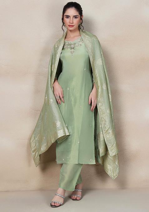 Green Floral Sequin Embellished Kurta Set With Pants And Brocade Dupatta