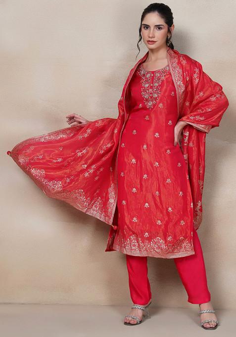 Pink Cutdana Bead Embellished Kurta Set With Pants And Brocade Dupatta