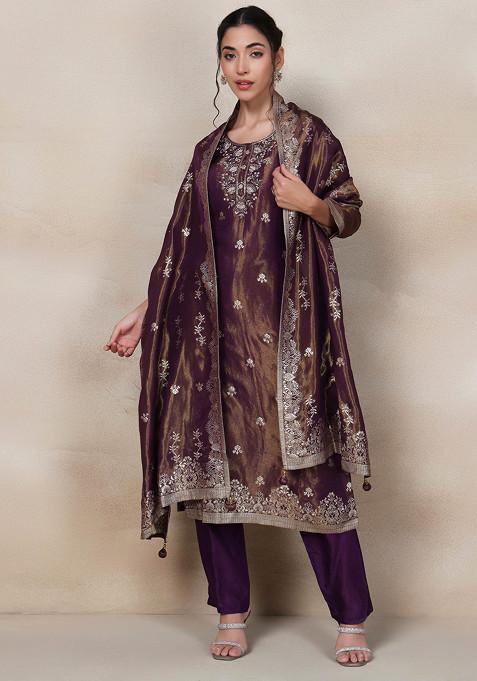 Purple Bead Embellished Kurta Set With Pants And Brocade Dupatta