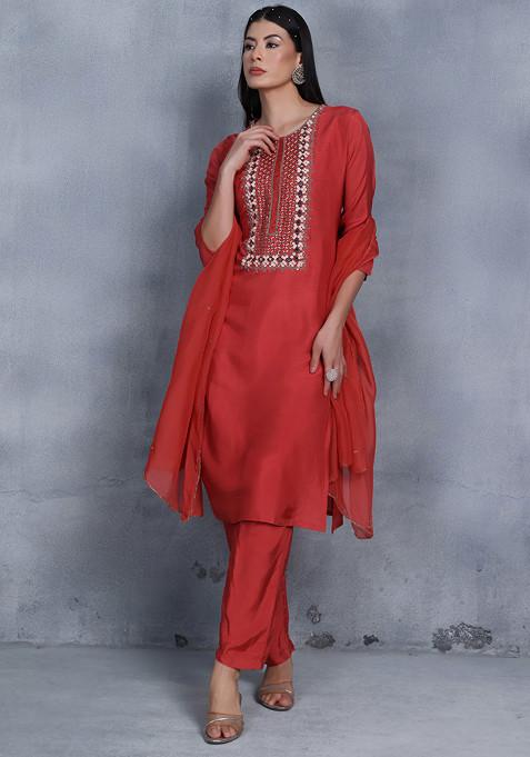 Rust Cutdana Mirror Embellished Kurta Set With Pants And Dupatta