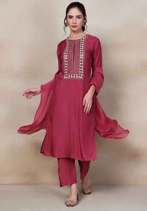 Maroon Cutdana Mirror Embellished Kurta Set With Pants And Dupatta