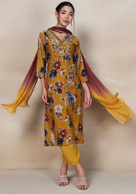 Mustard Floral Print Bead Embellished Kurta Set With Pants And Multicolour Dupatta