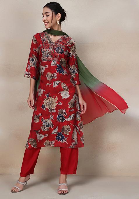 Red Floral Print Bead Embellished Kurta Set With Pants And Multicolour Dupatta