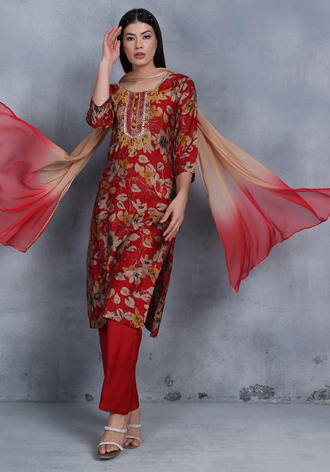 Red Floral Cutdana Embellished Kurta Set With Pants And Multicolour Dupatta