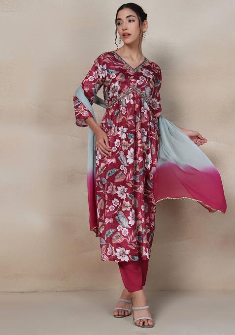 Maroon Floral Cutdana Embellished Kurta Set With Pants And Dupatta