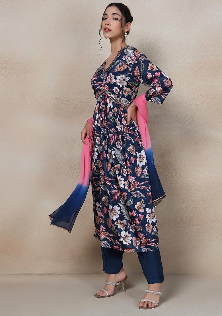 Blue Floral Cutdana Bead Embellished Kurta Set With Pants And Dupatta