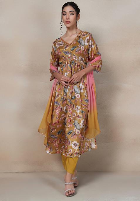 Yellow Floral Cutdana Bead Embellished Kurta Set With Pants And Dupatta