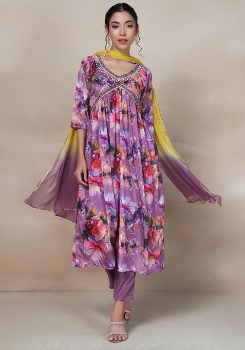 Purple Floral Bead Embellished Kurta Set With Pants And Dupatta