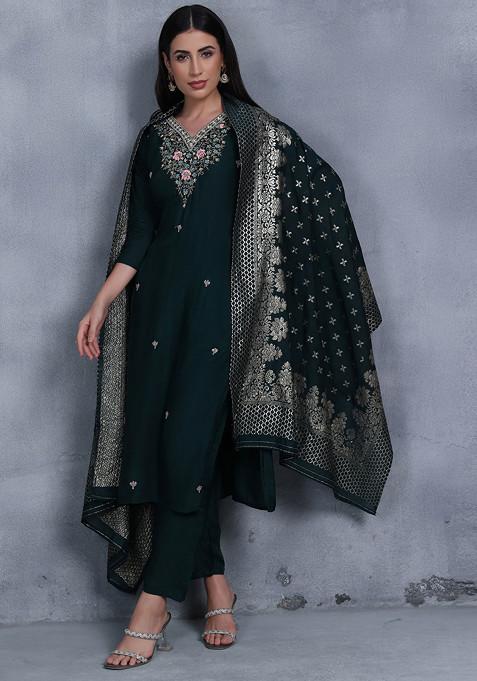 Dark Green Bead Embellished Kurta Set With Pants And Brocade Dupatta