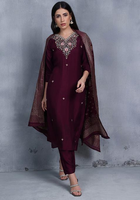 Dark Purple Bead Embellished Kurta Set With Pants And Brocade Dupatta