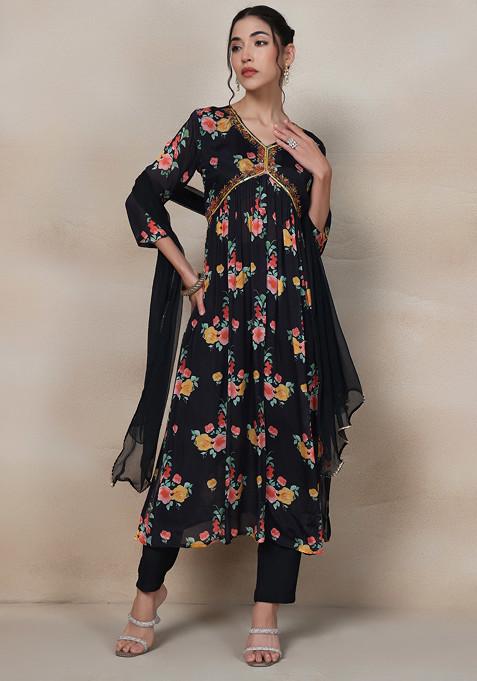 Black Floral Sequin Embellished Kurta Set With Pants And Dupatta