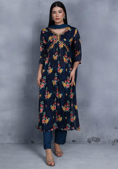 Blue Floral Cutdana Embellished Kurta Set With Pants And Dupatta