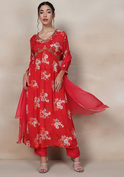 Red Floral Bead Embellished Kurta Set With Pants And Dupatta