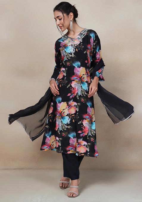 Black Floral Cutdana Embellished Kurta Set With Pants And Dupatta