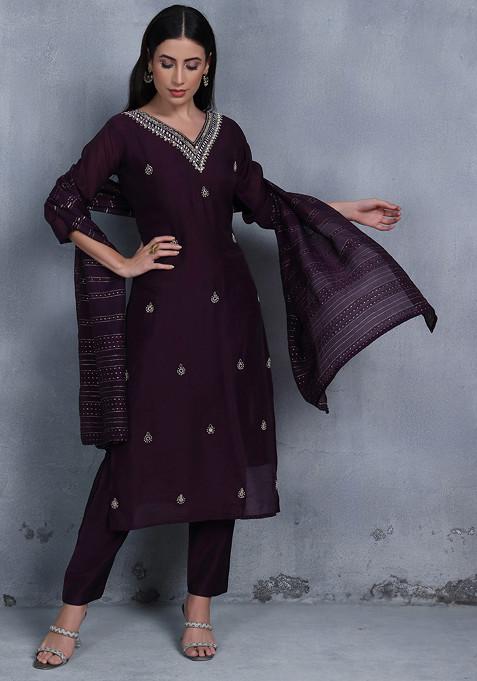 Maroon Mirror Bead Embellished Kurta Set With Pants And Brocade Dupatta