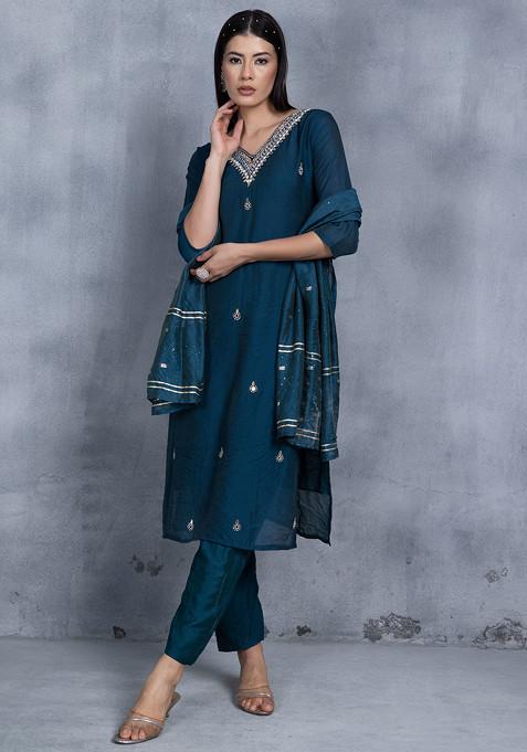 Teal Blue Mirror Bead Embellished Kurta Set With Pants And Brocade Dupatta