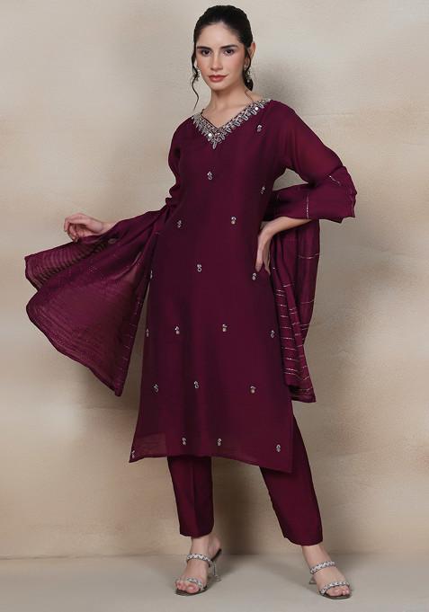 Dark Purple Cutdana Mirror Embellished Kurta Set With Pants And Silk Dupatta