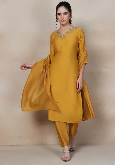 Mustard Cutdana Mirror Embellished Kurta Set With Pants And Silk Dupatta