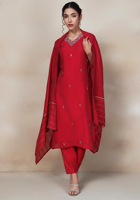 Red Cutdana Mirror Embellished Kurta Set With Pants And Silk Dupatta