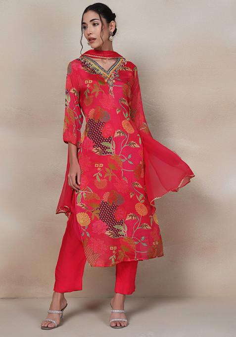 Pink Floral Print Bead Embellished Kurta Set With Pants And Dupatta