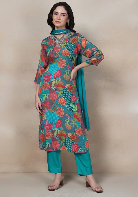 Green Floral Embellished Kurta Set With Pants And Dupatta