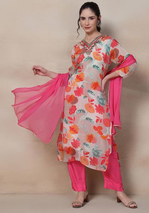 Multicolour Floral Print Sequin Embellished Kurta Set With Pants And Dupatta