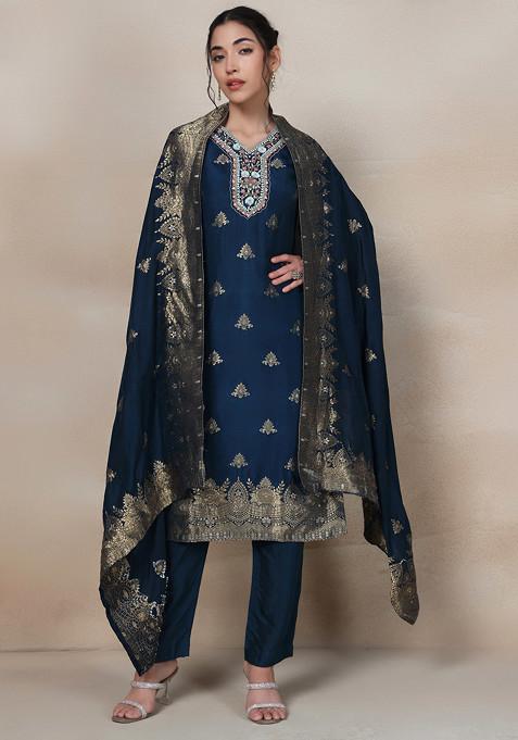 Teal Blue Sequin Embellished Kurta Set With Pants And Brocade Dupatta