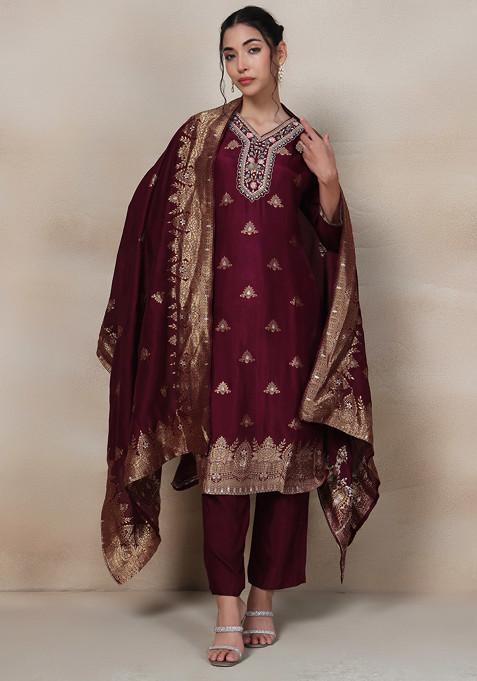 Maroon Cutdana Bead Embellished Kurta Set With Pants And Brocade Dupatta