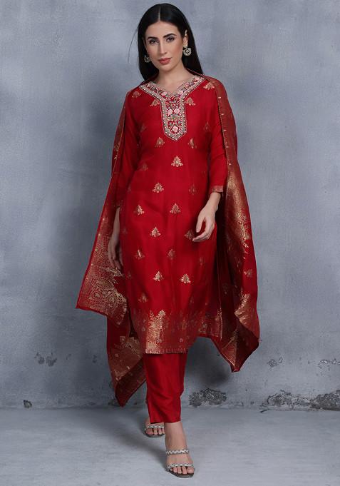 Red Sequin Embellished Kurta Set With Pants And Brocade Dupatta